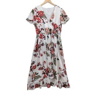 PatPat Floral Midi Dress White Red Floral Satin Lined Pleated Short Sleeve Sz L